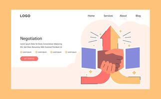 Negotiations web or landing. Employees finding consensus. Negotiation handshake. vector