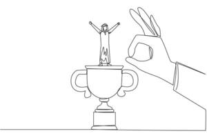 Single continuous line drawing Arabian businessman standing on big trophy. Celebrating the success of business. Got fraudulent business opponents. Falling helpless. One line design illustration vector