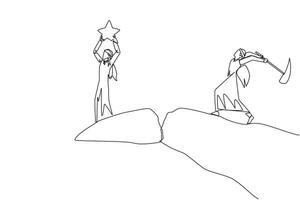 Continuous one line drawing Arab businessman standing on edge of cliff holding up a star. Hypocrite partner want to destroy the achievement. The traitor. Single line draw design illustration vector