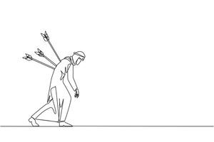 Single continuous line drawing Arab businessman standing and several arrows stuck in the back. Attacked from behind. Destroyed and helpless. Fake partner. Traitor. One line design illustration vector