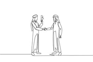 Single continuous line drawing two Arabian businessmen shaking hands. One of them has two faces. Full of falsehood. Fake friend. Worst teamwork. Betrayal. Traitor. One line design illustration vector
