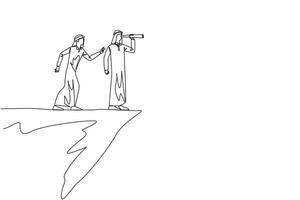 Single continuous line drawing Arab businessman monitoring something at the edge of cliff using binocular. Monitoring business. Taken down by traitor from behind. One line design illustration vector