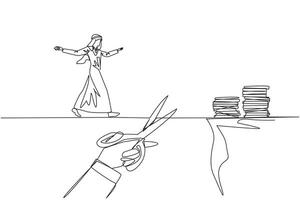 Continuous one line drawing Arabian businessman walking on tightrope from one cliff to another. Failed to move to much better place. Cheated by colleague. Single line draw design illustration vector