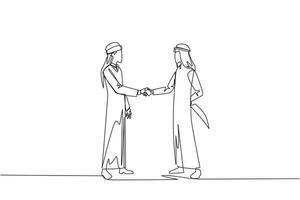 Continuous one line drawing two Arab businessmen shaking hands. One of them holds knife behind back. Getting ready to stab. Must win at all costs. Traitor. Single line draw design illustration vector