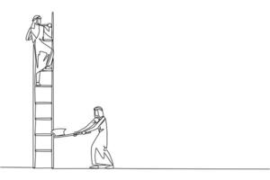 Single continuous line drawing Arab businessman climbs ladder to achieve the expected reward. Destroyed silently. Business failed to develop. Destroyed by traitors. One line design illustration vector