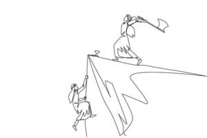 Single one line drawing Arabian businessman climbs cliff with rope. Almost successful. Rudely dropped by a business friend. Fake partner. Worst teamwork. Continuous line design graphic illustration vector