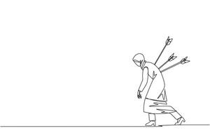 Single continuous line drawing Arab businesswoman stands and several arrows stuck in the back. Attacked from behind. Destroyed and helpless. Fake partner. Traitor. One line design illustration vector