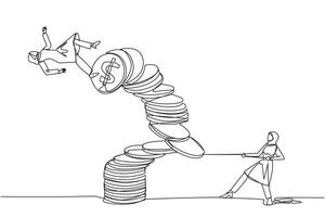Continuous one line drawing Arabian businesswoman pull one of piles of coins who made person on top fall. Fraud. Misappropriation of office money. Traitor. Single line draw design illustration vector