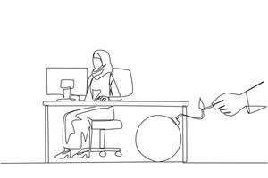Continuous one line drawing Arab businesswoman typing at computer. Trapped by business partner. Bomb that could explode at any time. Betrayed by colleague. Single line draw design illustration vector