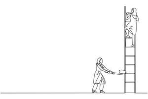 Single continuous line drawing Arab businesswoman climbs ladder to achieve expected reward. Destroyed silently. Business failed to develop. Destroyed by traitors. One line design illustration vector