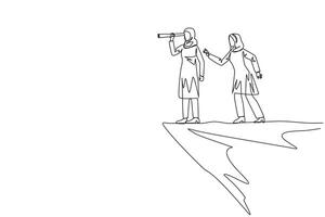 Continuous one line drawing Arab businesswoman monitoring something at the edge of cliff using binocular. Monitoring business. Taken down by traitor from behind. Single line design illustration vector