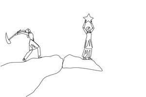 Single one line drawing Arabian businesswoman standing on edge of cliff holding up a star. Hypocrite partner want to destroy the achievement. The traitor. Continuous line design graphic illustration vector