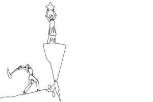 Single one line drawing Arab businesswoman standing on a cliff lifting a star. Envious friend, eating away at success from inside to fall down. The traitor. Continuous line design graphic illustration vector