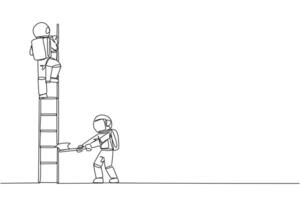 Single one line drawing astronaut climbs the ladder to achieve the expected reward. Destroyed silently. Business failed to develop. Destroyed by traitors. Continuous line design graphic illustration vector