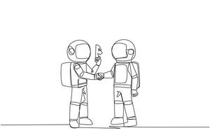 Single continuous line drawing two astronauts shaking hands. One of them has two faces. Full of falsehood. Fake friend. Worst teamwork. Business betrayal. Traitor. One line design illustration vector