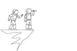 Single one line drawing the astronaut monitoring something at the edge of cliff using binocular. Monitoring business. Taken down by traitor from behind. Continuous line design graphic illustration vector