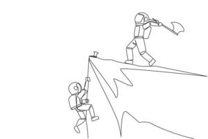 Single continuous line drawing the young astronaut climbs cliff with rope. Almost successful. Rudely dropped by a business friend. Fake partner. The worst teamwork. One line design illustration vector