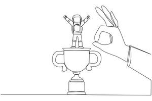 Single continuous line drawing the young astronaut standing on big trophy. Celebrating the success of business. Got fraudulent business opponents. Falling helpless. One line design illustration vector
