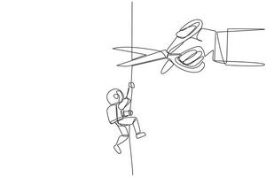 Continuous one line drawing astronaut climbing rope. Metaphor of struggling to advance business. Business failed to develop. Sabotaged by business friends. Single line draw design illustration vector
