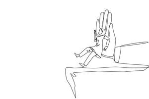 Single continuous line drawing Arab businesswoman standing on edge of cliff. Something big wants to bring down the business. Invisible enemy. Bring down competitor. One line design illustration vector