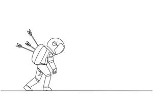 Single one line drawing the astronaut standing and several arrows stuck in the back. Attacked from behind. Destroyed and helpless. Fake partner. Traitor. Continuous line design graphic illustration vector