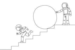 Single continuous line drawing the astronaut running down stairs avoiding big ball. Attacked by business friends. Traitor in business. Cheating in business. Betray. One line design illustration vector