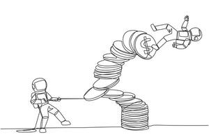 Single one line drawing astronaut pull one of a piles of coins who made the person on top fall. Business fraud. Misappropriation of office money. Traitor. Continuous line design graphic illustration vector