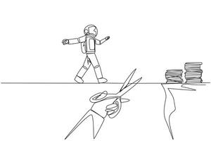 Continuous one line drawing the astronaut walking on tightrope from one cliff to another. Failed to move to much better place. Cheated by business friend. Single line draw design illustration vector