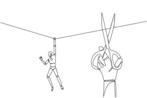 Continuous one line drawing the robot hanging from rope. A big hand that want to cut the rope. Maintaining a nearly useless business. Thwarted by traitors. Single line draw design illustration vector