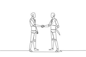 Single one line drawing two smart robots shaking hands. One of them holding a knife behind the back. Getting ready to stab. Must win at all costs. Traitor. Continuous line design graphic illustration vector