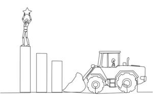 Single continuous line drawing smart robot standing on the highest bar raising a star. Bulldozer ready to destroy the happiness. Betrayal. Fake friends. Traitor. One line design illustration vector