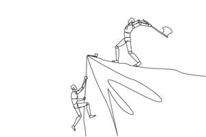 Continuous one line drawing smart robot climbs cliff with rope. Almost successful. Rudely dropped by a business friend. Fake partner. The worst teamwork. Single line draw design illustration vector