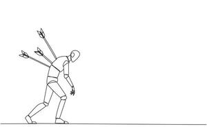 Single one line drawing smart robot standing and several arrows stuck in the back. Attacked from behind. Destroyed and helpless. Fake partner. Traitor. Continuous line design graphic illustration vector