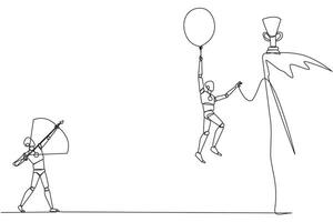 Continuous one line drawing smart robot wants to achieve prizes at the peak of the career. Getting resistance from all directions. Painful failure. Traitor. Single line draw design illustration vector