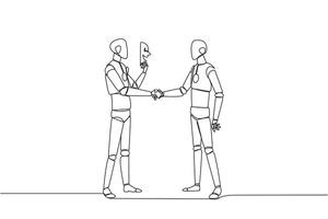 Single one line drawing the two robots shaking hands. One of them has two faces. Full of falsehood. Fake friend. Worst teamwork. Business betrayal. Traitor. Continuous line design graphic illustration vector