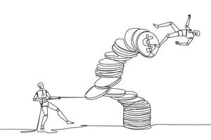 Continuous one line drawing robotic pull one of a piles of coins who made the person on top fall. Business fraud. Misappropriation of office money. Traitor. Single line draw design illustration vector