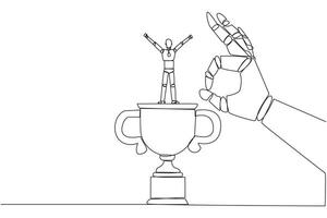 Single continuous line drawing the smart robot standing on big trophy. Celebrating the success of business. Got fraudulent business opponents. Falling helpless. One line design illustration vector