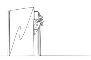 Single continuous line drawing businessman appears out of old book look for something with binoculars. Look at history. Mistakes not to repeat. Success to continue. One line design illustration vector