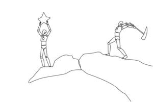 Single continuous line drawing smart robot standing on the edge of a cliff holding up a star. The hypocrite partner want to destroy the achievement. The traitor. One line design illustration vector