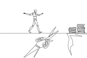 Continuous one line drawing the smart robot walking on tightrope from one cliff to another. Failed to move to much better place. Cheated by business friend. Single line draw design illustration vector