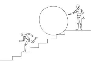 Continuous one line drawing robotic running down stairs avoiding big ball. Attacked by business friends. Traitor in business. Cheating in business. Betray. Single line draw design illustration vector