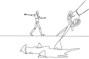 Single one line drawing the smart robot walking across on tightrope. A metaphor pursuing a career. Ruined by traitors. Fake friend. Business sabotaged. Continuous line design graphic illustration vector
