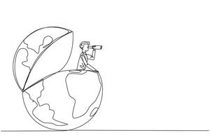 Single continuous line drawing businessman appears out of globe looking for something through binoculars. Added business track record anywhere. Proof of success. One line design illustration vector