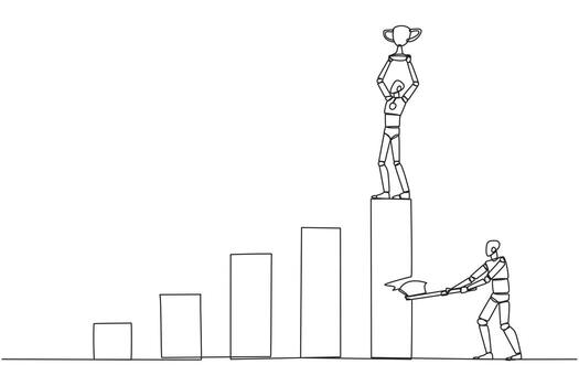 Single continuous line drawing smart robot achieves the highest honors. The hypocrite who doesn't like business partner's happiness. Thorn in the flesh. Traitor. One line design illustration vector