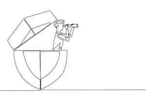 Single continuous line drawing businessman emerges from shield looks for something through binoculars. Find and develop best protection for business application. One line design illustration vector