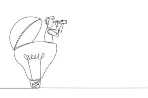 Continuous one line drawing businessman emerges from lightbulb look for something through binoculars. Selection of bright ideas to develop new businesses. Single line draw design illustration vector