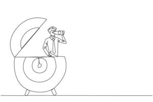 Single continuous line drawing businessman appears out of target arrow board looking for something through binoculars. Focus on objectives. Complete it one by one. One line design illustration vector