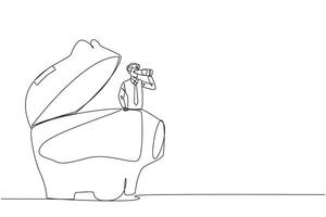 Single one line drawing businessman pops out of piggy bank look for something through binoculars. Entrepreneur who aware of the importance of investment. Continuous line design graphic illustration vector