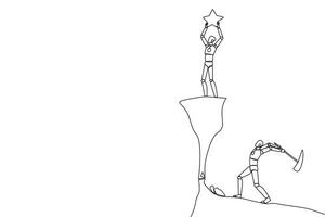 Single one line drawing smart robot standing on a cliff lifting a star. An envious friend, eating away at success from the inside to fall down. The traitor. Continuous line design graphic illustration vector