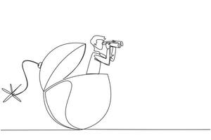 Continuous one line drawing businessman emerged from the bomb fuse burning, look for something through his binoculars. Receive dangerous alerts. Big risk. Single line draw design illustration vector